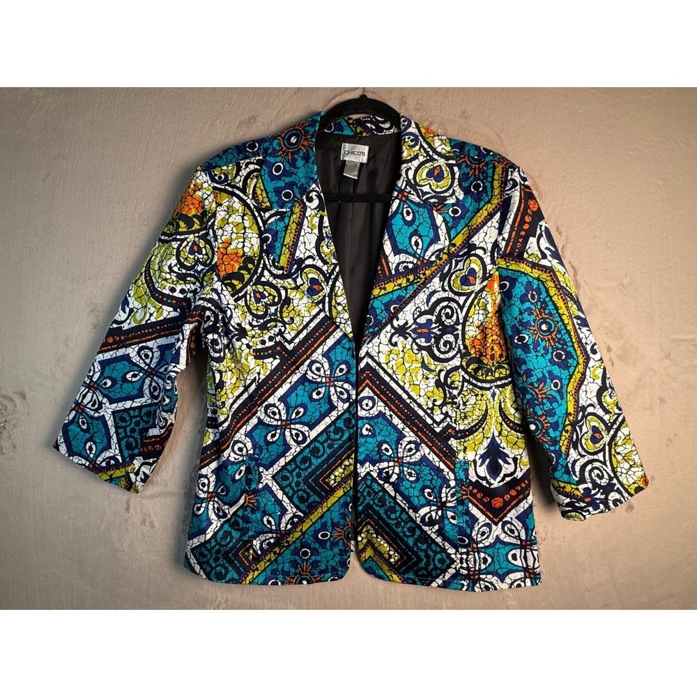 Chico's Batik Geometric Print Blazer Jacket Womens 3 Large Blue Cotton Blend